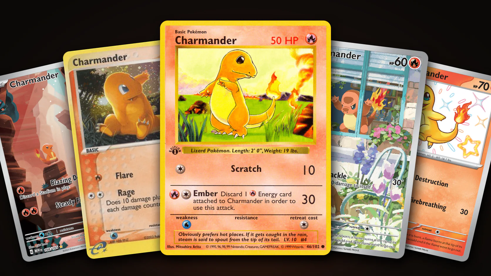 Five Charmander Pokémon cards fanned out: the 1st Edition Base Set Charmander in the centre, with the 151 Illustration Rare, the EX Dragon secret rare, the Obsidian Flames Elite Trainer Box promo and the shiny Charmander from Paldean Fates